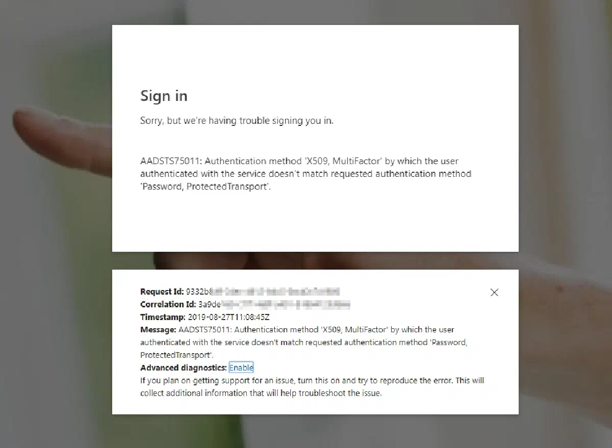 SAML – Azure AD AADSTS75011: authentication method x509 Multifactor